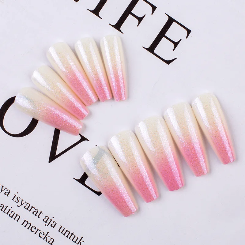 

24 PCs long gradient color false nails ballet T type magic mirror powder fake nails wear coffin nail