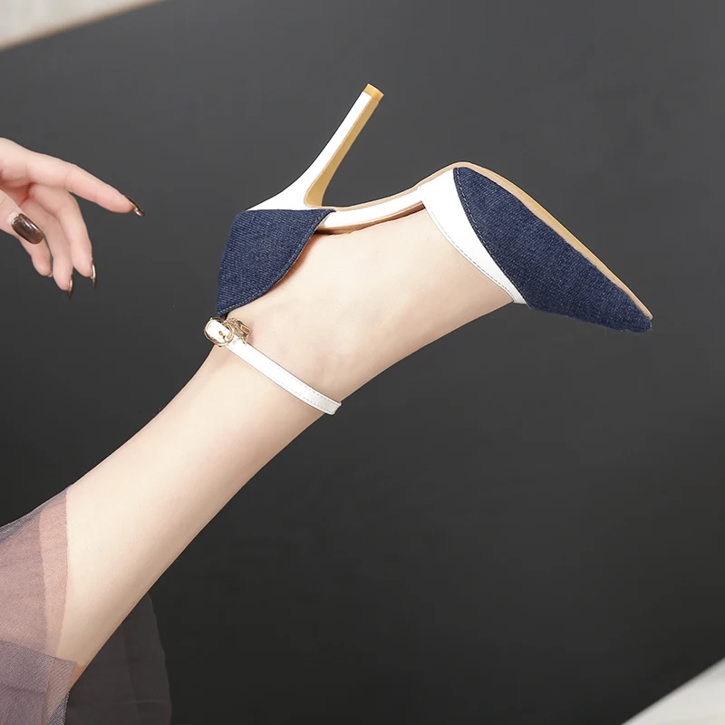New Pointy Toe Denim Patchwork Ladies Thin Heel Pumps