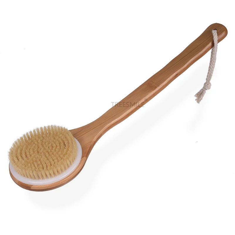 

Beauty shops Dry Bath Body Brush Back Shower Exfoliating Natural Boar Bristles Curved Long Handle Wet or Dry Treesmile OEM logo