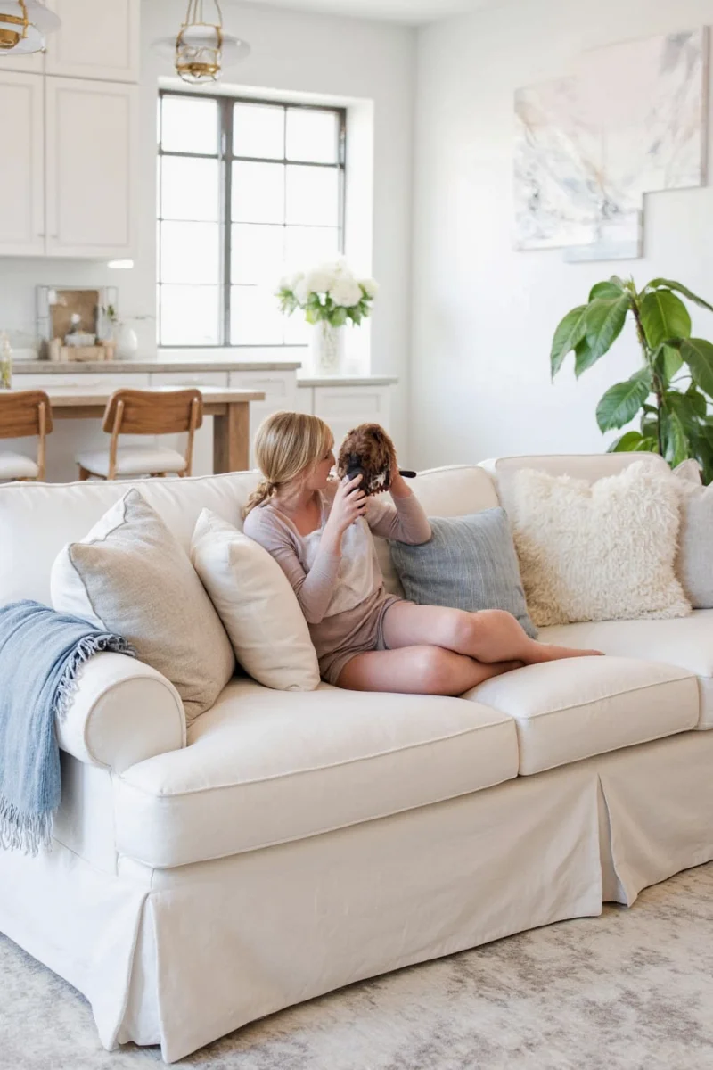 Infographic chart comparing pet behaviors to ideal fabric types for slipcovers