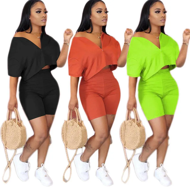 

Plus Size Two Piece Set Women 2020 Casual Tracksuit Crop Top Biker Shorts Set Lounge Wear Matching Sets 2 Piece Outfits