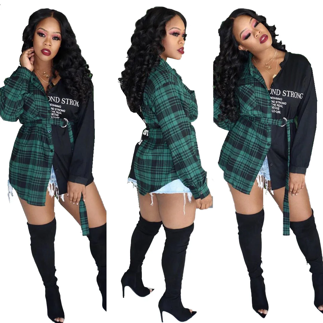 

Hot Selling Trendy Contrast Check Short Shirt Dresses Women Casual Long Sleeve Womens Button Down Shirt Dress Casual With Belt