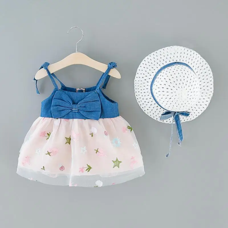 

Summer Hot Sale Denim Suspenders Girls Dress Princess Skirt Beach Skirt Send Hat Girls' Clothing Sets, 2colors