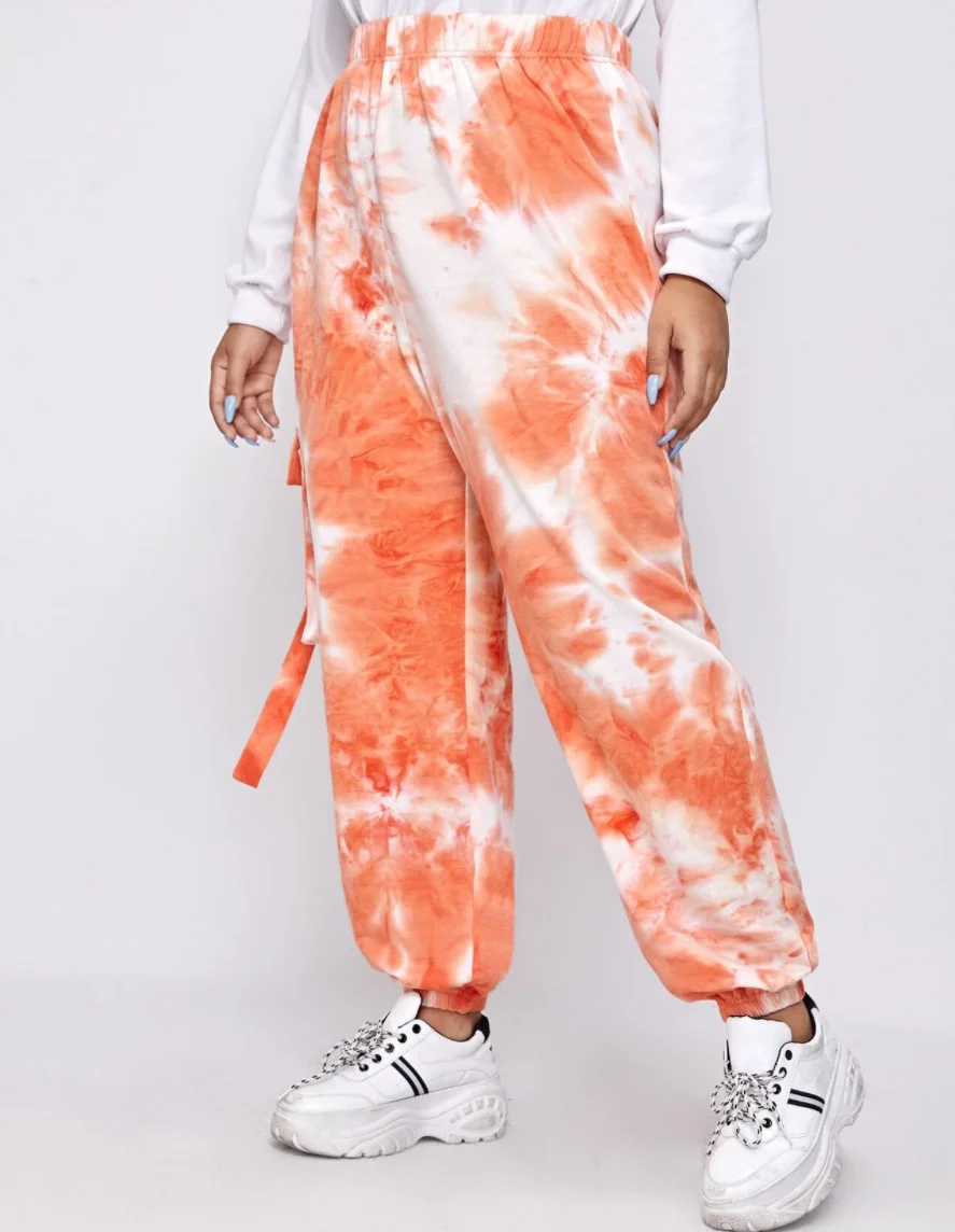 

New Fashion Orange Elastic Waist Tie Dye Flap Pocket Joggers Women's Leggings