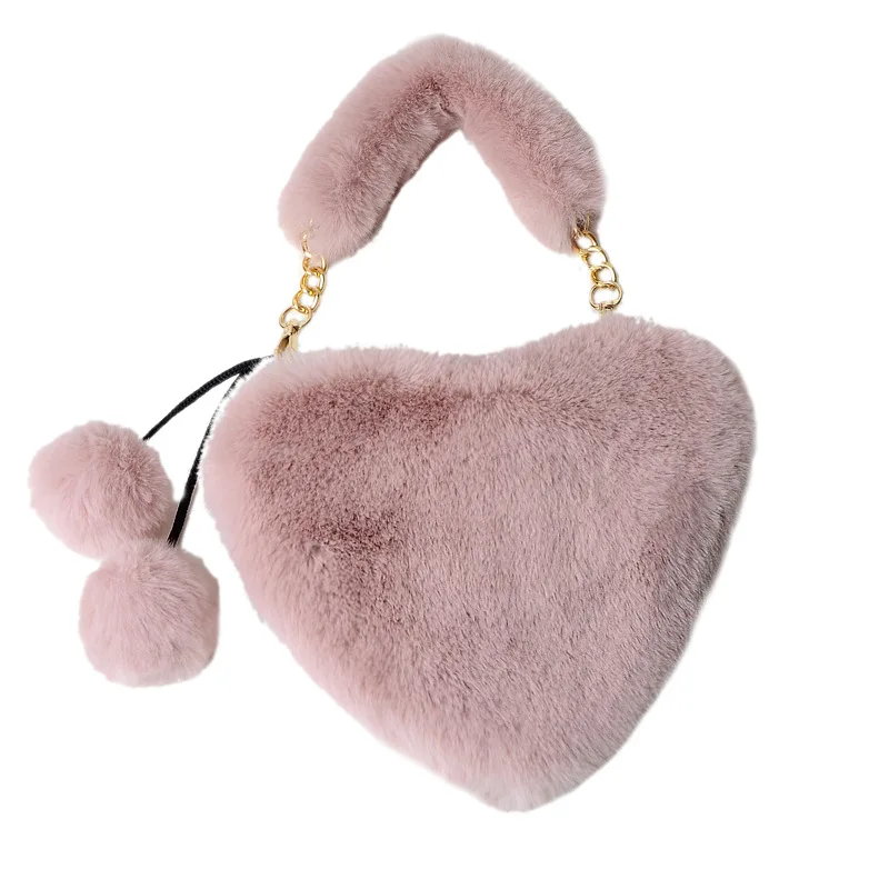 

89651 Net Red Fashion Plush Heart-Shaped Tote Female Handbag Cross-Body Hand Autumn and Winter Furry Heart Love Faux Fur Bag