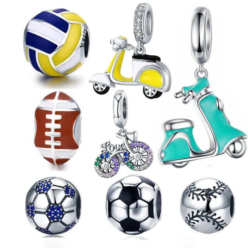 

Genuine 925 Sterling Silver Sports Theme Baseball DIY Beads CZ Motorcycle fit Europe Bracelet Football Soccer Tennis Charms