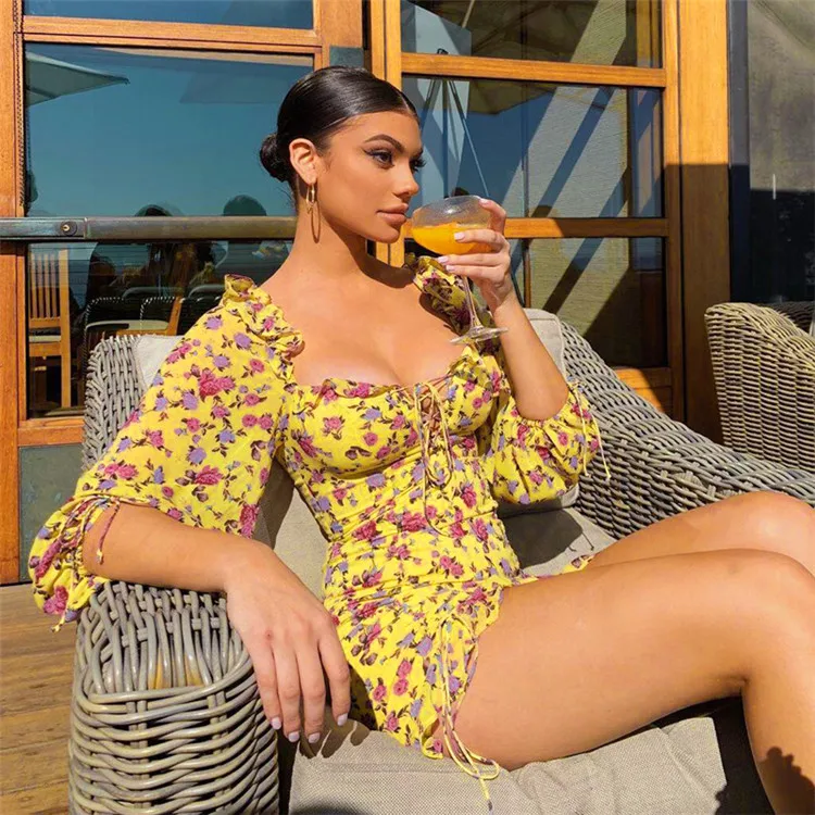 

Pleated Floral Dress Lantern 3/4 Sleeve Mini Dress Chest Lace Up Square Collar Fungus Women Summer Dress, Yellow