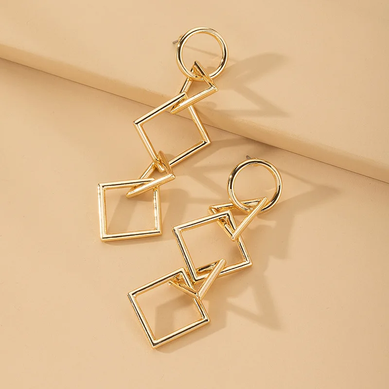 

Most Welcome Gold Plated Geometric Rhombus Long Drop Earrings Fashion Exaggerate Round Triangle Rhombus Drop Earrings