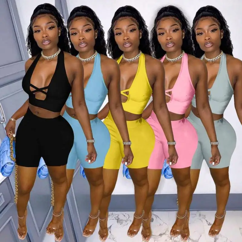 

YM Custom Logo Summer Clothes Clothing Ladies Cross Hollow Out Women Crop Top Sexy 2 Two Piece Short Set, Picture