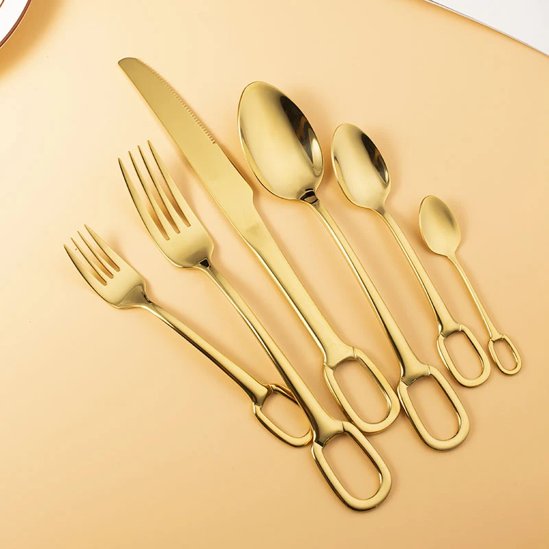 

Newly Designed Round Hanging Hole Golden Silverware Stainless Steel 6PCS Flatware Sets