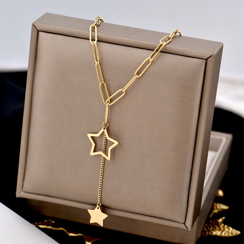 

2020 Dainty Women 14K Gold Plated Stainless Steel Paper Clip Chain Necklace Star Pendant Choker Tassel Necklaces