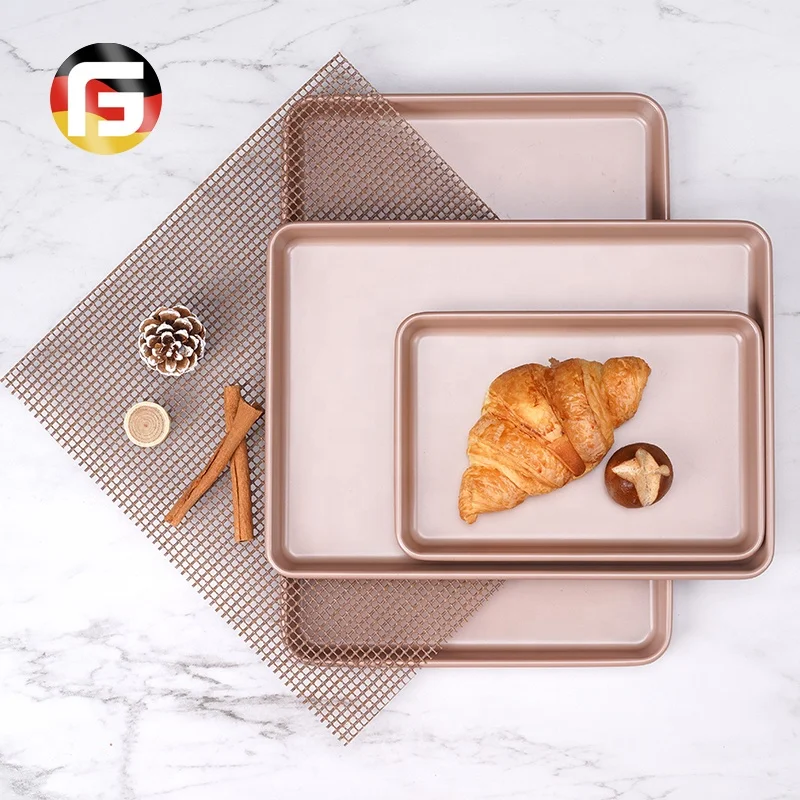 

Amazon Hot Sale 0.8 Thickness Nonstick Cake Pan Cookie Sheet Flat Baking Tray Set of 3, Rose gold