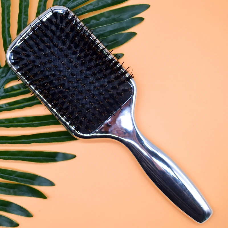Custom plastic Boar Bristle Paddle Hair Brush Detangling Plating Silver Hair Extension Hair Brush for Wig