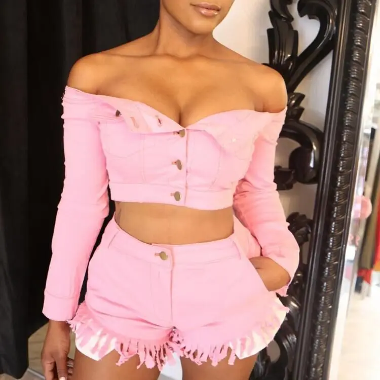 

Clothing vendor 2020 Arrival One-shoulder long sleeve suit with denim fringed shorts women 2 piece set clothing S3448, Pink