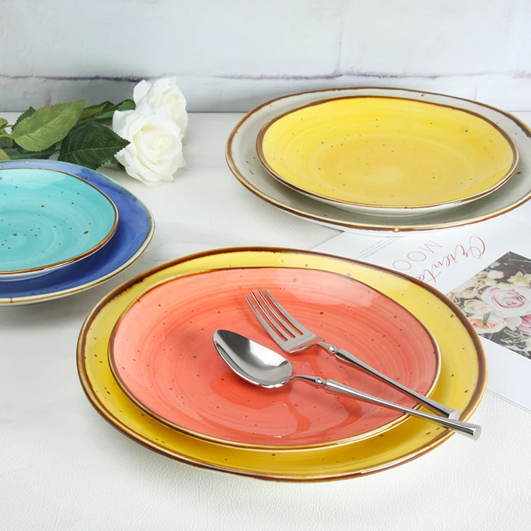 

Reactive Glazed Multi Color Restaurant Ceramic Dishes Plates Dinnerware Porcelain Food Serving Plates, Yellow, coral, turquoise, blue, grey