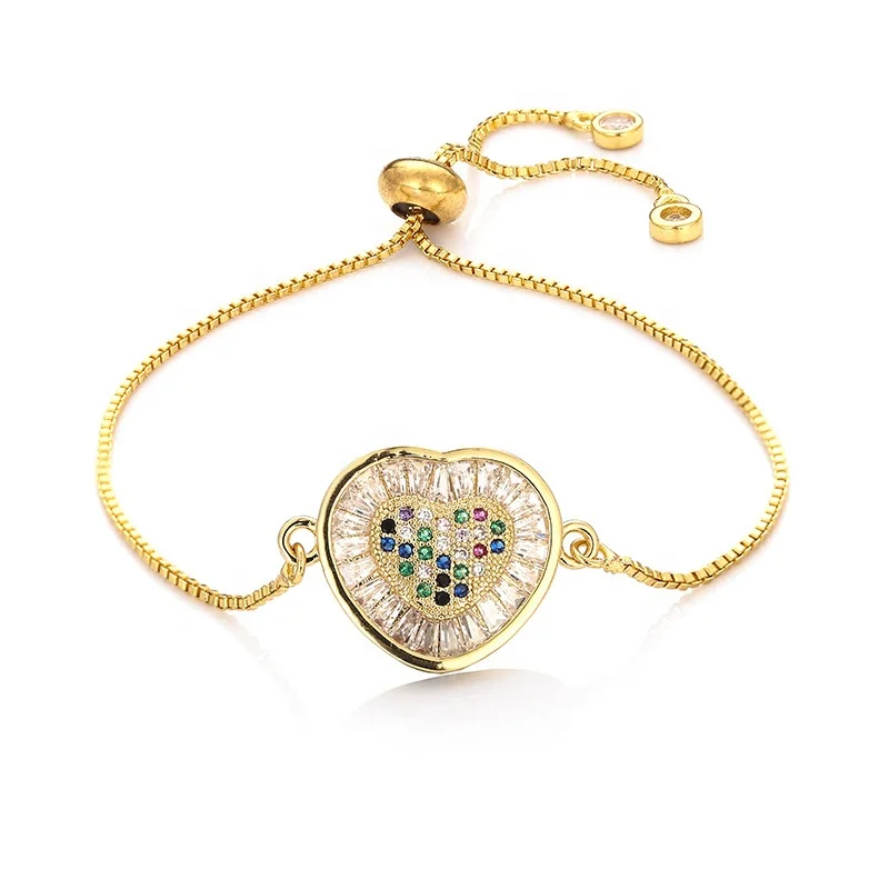 

Vintage Jewelry Colorful Cubic Zirconia Heart Simple Adjustable Gold Color Brass Chain Cuff Bracelet For Women