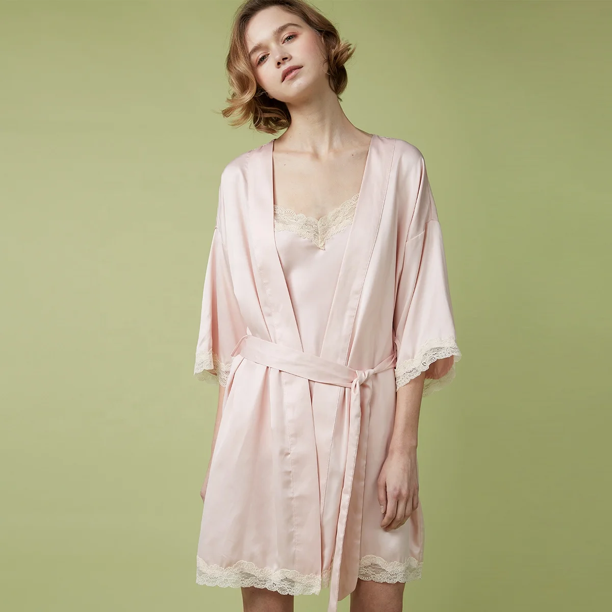 

Lace Trim Silk Satin Night Robe