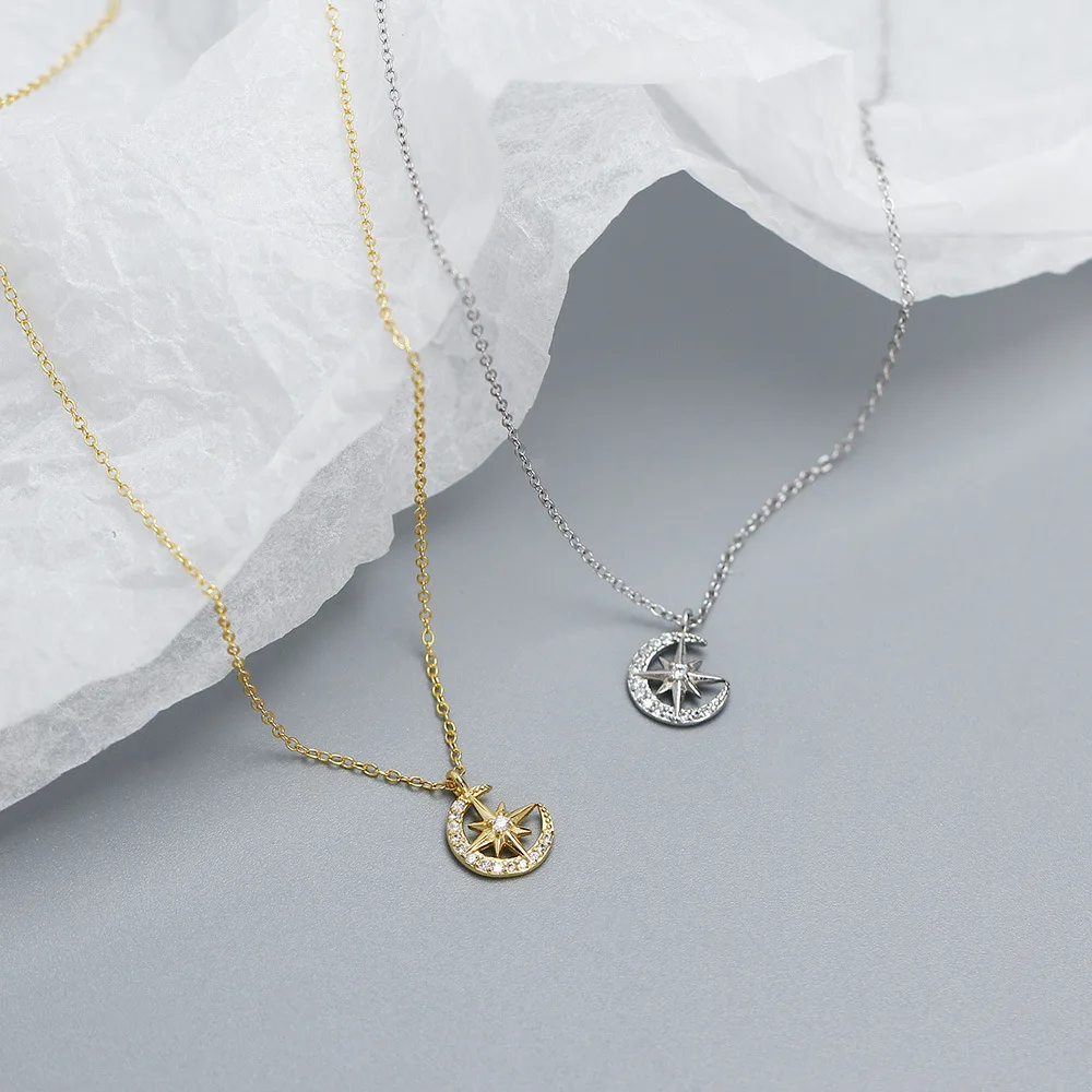 Fashion Jewelry 925 Sterling Silver Star and Moon Pendant Necklace Jewelry 18K Gold Plated Versatile Chain Necklace for Women