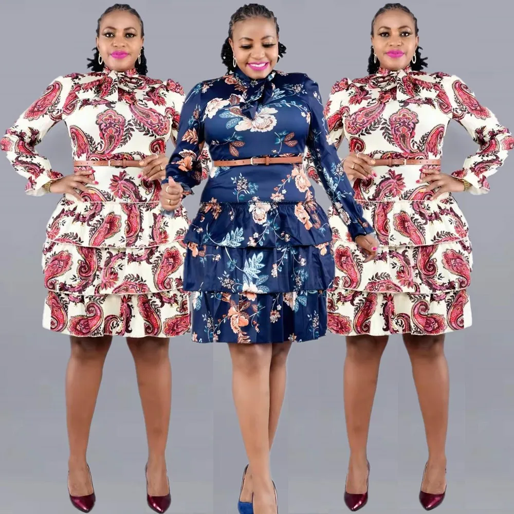 

2022 new fresh and sweet flower ruffledhigh-waisted dress African plus size dress with belt, As showed