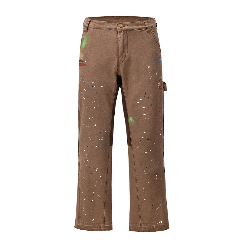 

OEM custom graffiti vintage flared jeans pants high street trousers with side-striped denim patchwork for men