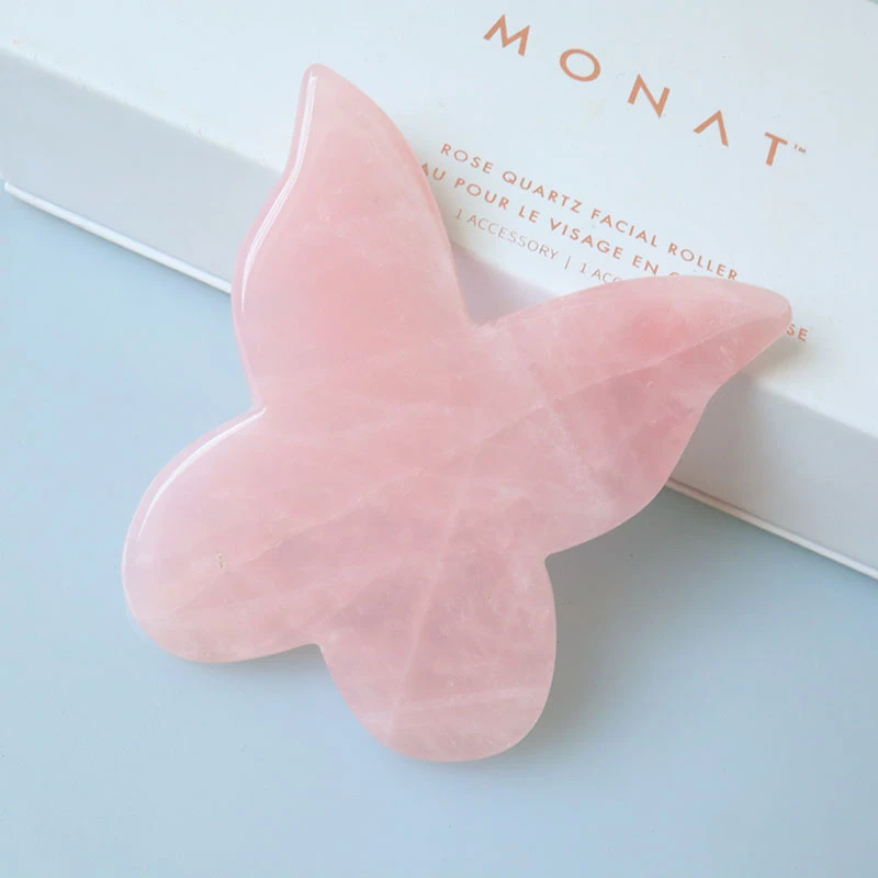 

Custom Butterfly Rose Quartz Jade Gua Sha Board Natural Rose Jade Stone Massage GuaSha Board, Pink