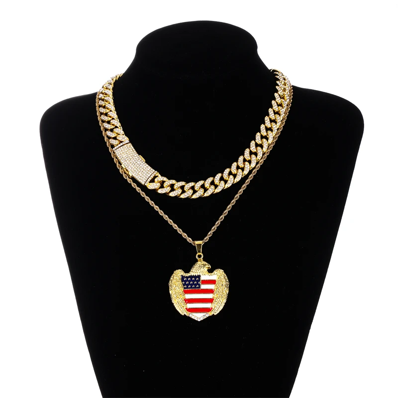 

2023 Hot Sale Iced Fancy Fashion Full Drill Alloy Jewelry Eagle Flag Oil Dropping Pendant with Chain Necklace Set