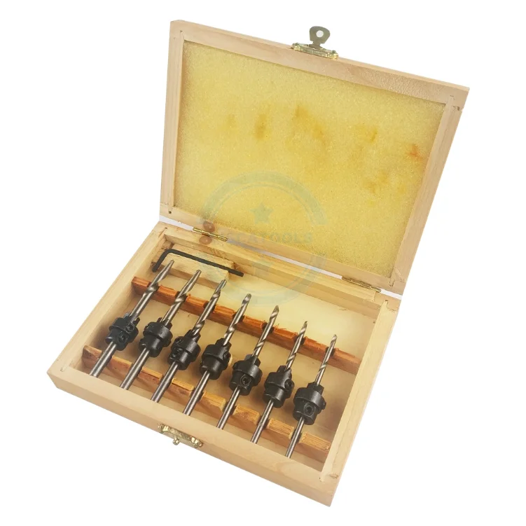 

Free Ship 7PCS HSS Tapered Countersink Drill Bits Set Depth Stop Adjustable Collar Woodworks Wood Tools Small Wrench Set