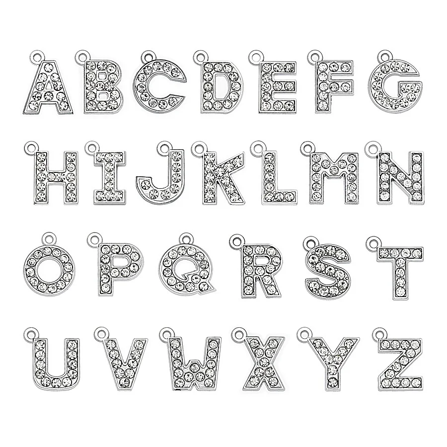 

Alphabet Charm Letter Initial Sterling Plated Rhinestone Enamel Charm Jump Ring or Lobster Pendants & Charms, Silver color