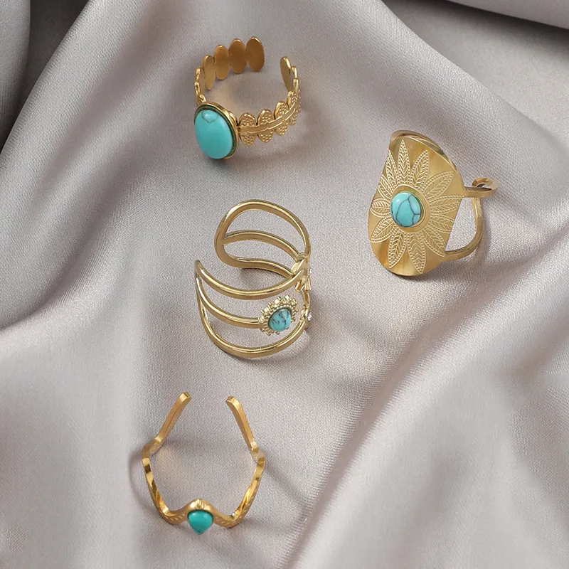

Vintage 18K Gold Plated Turquoise Wide Ring Ladies Dainty No Fade Stainless Steel Natural Stone Rings For Women