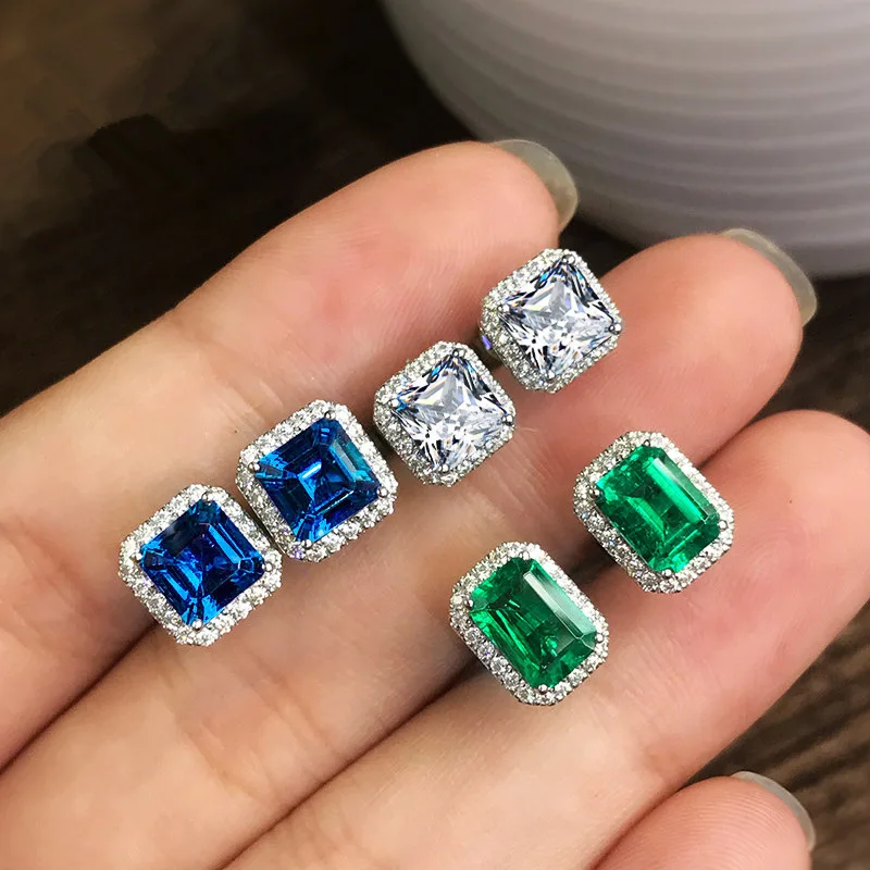 

European Luxury Geometric Square Green Blue Crystal Stud Earrings Full Rhinestone Cz Emerald Sapphire Stud Earrings for Wedding