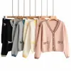 Women's 2 pieces Solid Color Suit Single-breasted V-neck Long-sleeved Knit Sweater A-Line Skirt
