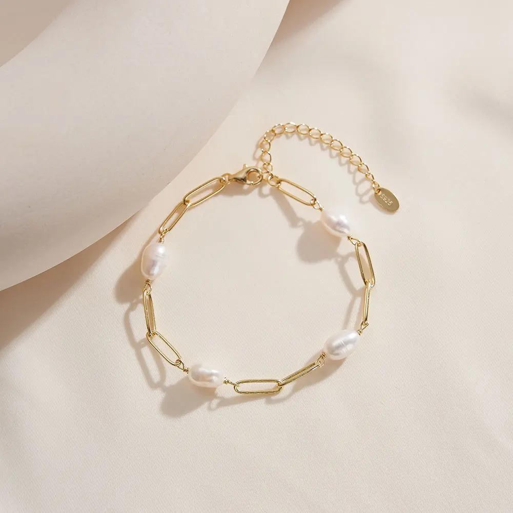 RINNTIN GPB39 14K Gold Vermeil Plated 925 Silver Jewelry Paper Clip Chain Real White Freshwater Pearl Bracelet