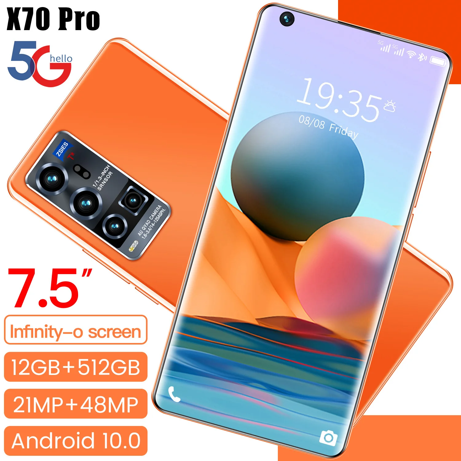 

X70 Pro mobile phones MTK655 12GB+512GB smartphone 7.5inch android10.0 handphone, Black. orange. gold