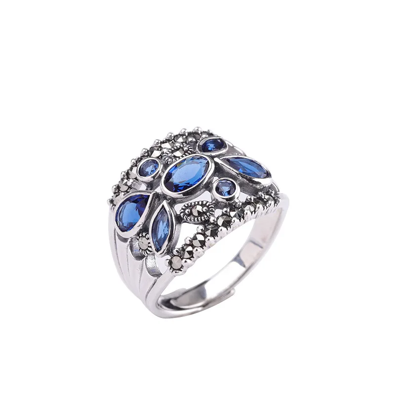 

Real Pure 925 Silver Jewelry Thai Silver Hand Ornament Women's Blue Corundum Ring Fine Jewelry Gemstone Rings For Women