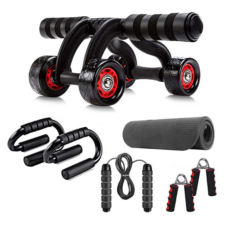 

5-in-1 abdominal wheel roller kit four wheeled abdominal muscle equipment 4 wheels abdominal ab roller, Black-red