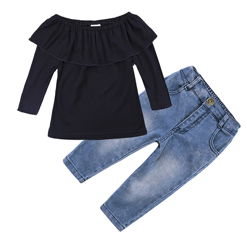 

Summer Strapless Cotton Jeans Toddler Kids Junior Little Girls Boutique Clothing Sets, Black junior girls clothing