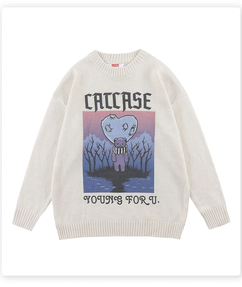 

American retro men's dark bear pullover sweater autumn and winter lazy wind loose outer knit sweater