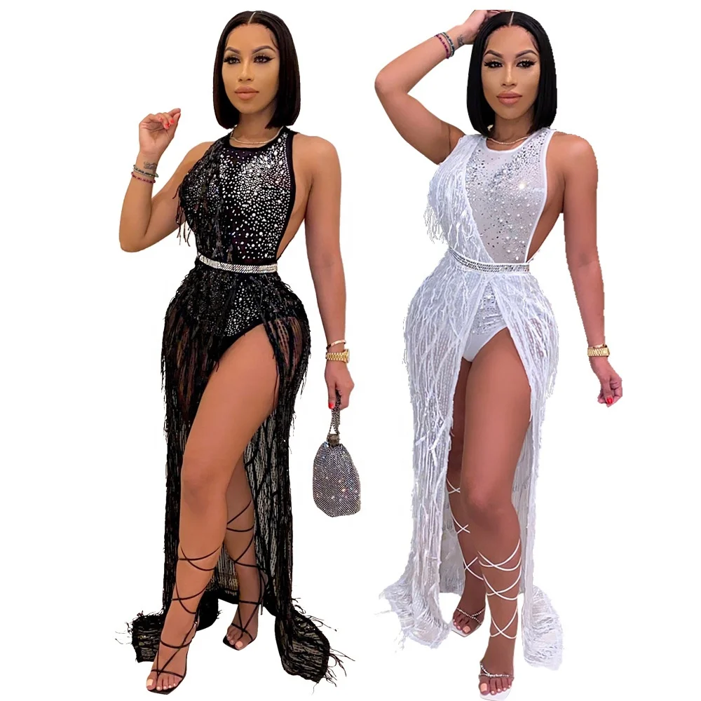

RX-8780 China wholesale mesh sexy long sequins dresses women sleeveless crystal split designer dresses, As picture shows or customized color