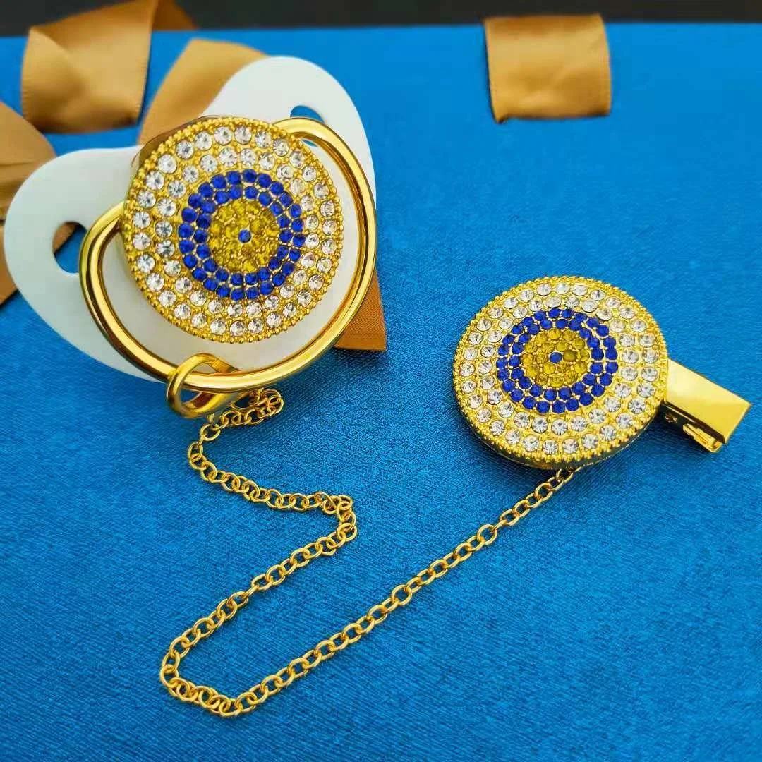 

Glitter Crystal Dummy Holder Gold Plated Evil Eye Hamsa Clip Rhinestones Baby Pacifier Soother Chain, Gold/ custom