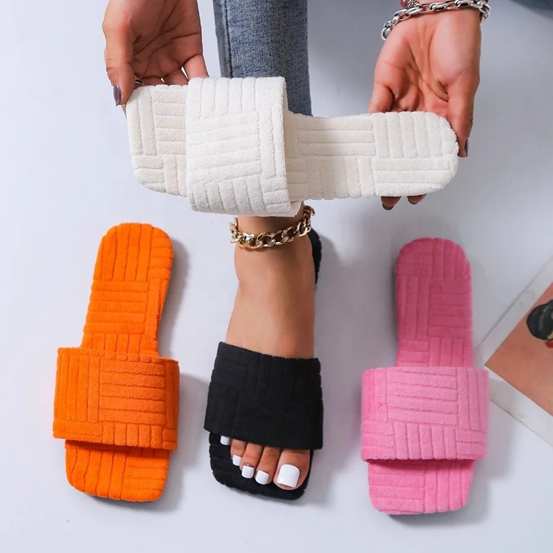 

Towel Slide Fashion Black White Orange Pink Fur Slides Slippers Women Comfortable Flat Terry Towel Slippers For Women And Ladies