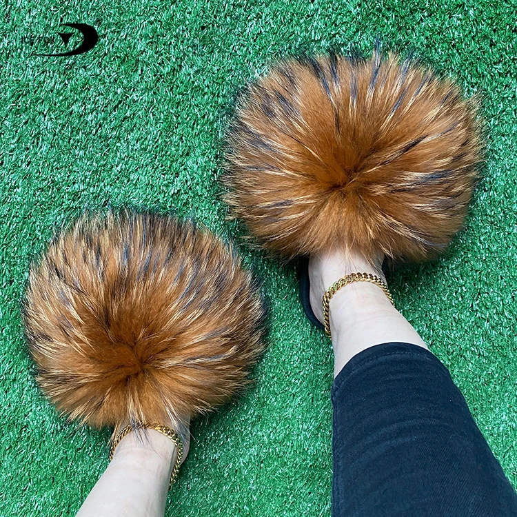 

Wholesale Fur Slides Sandals Soft Fox And Racoon Fur Slippers Women, Customized color