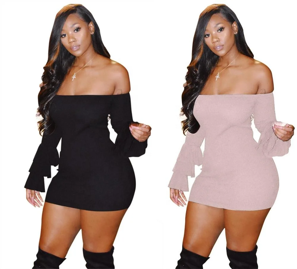

B24572A Hot style sexy slim off shoulder flared sleeve mini dress