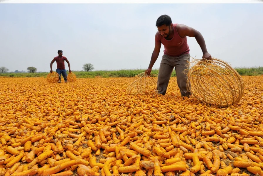 Turmeric farmers harvesting rhizomes in a field in southern India
