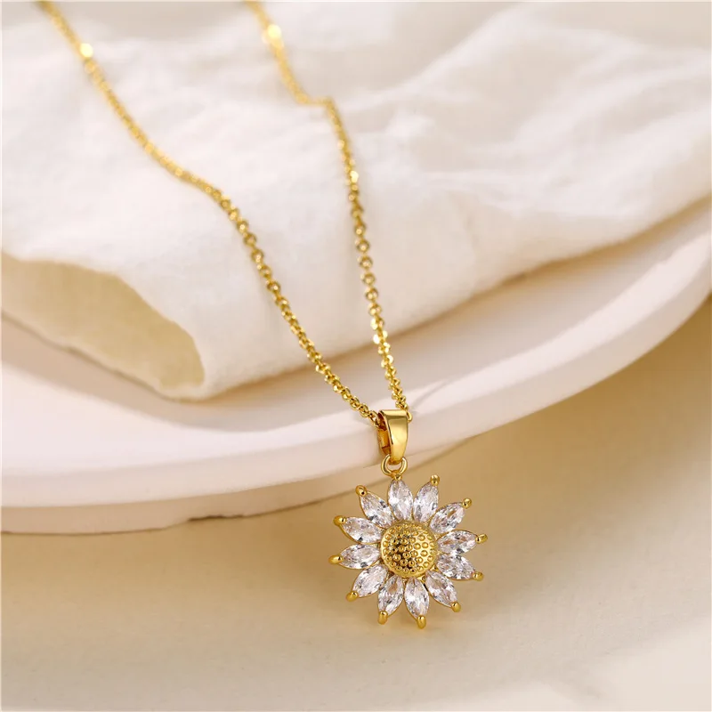 

Sparkling CZ Sun Flower Pendant Necklace Women Real Gold Plated Cubic Zircon Flower Necklace Collar De Flores