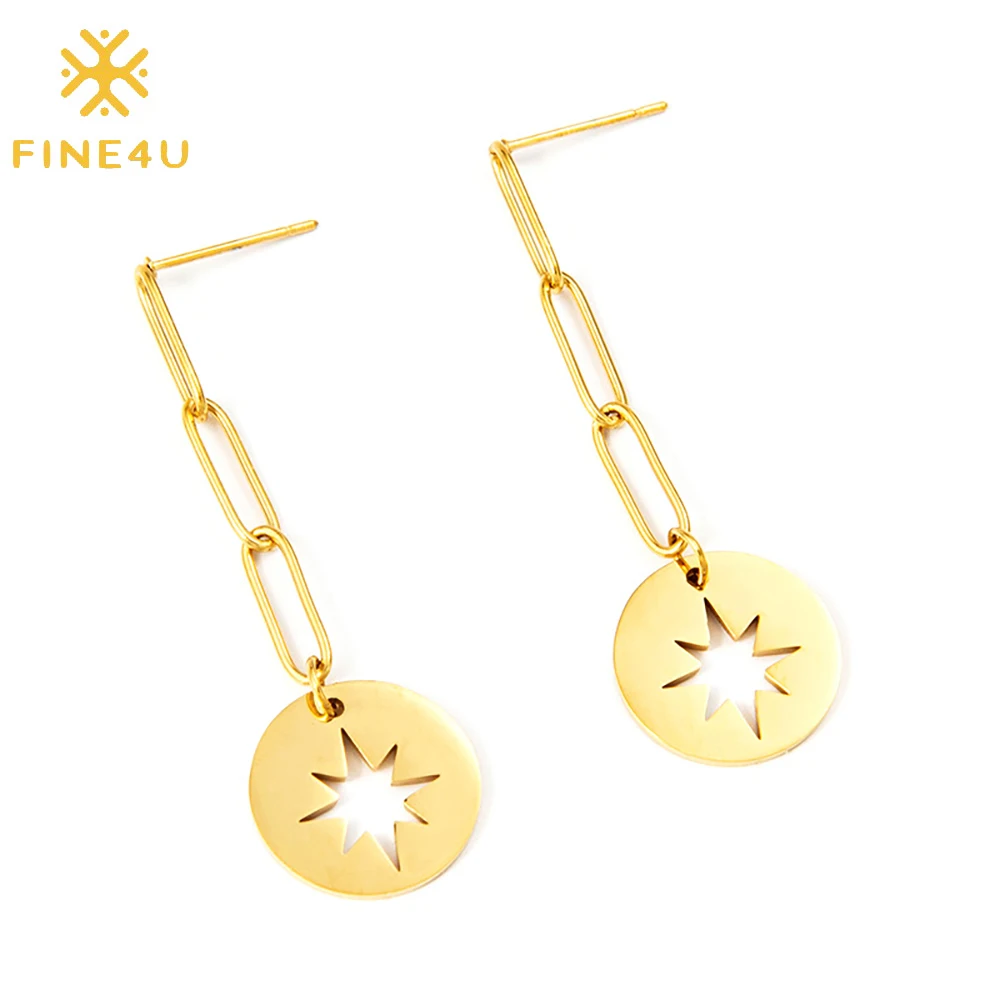 

Stainless steel women jewelry paperclip chain star long 18k gold plated fashion drop earrings