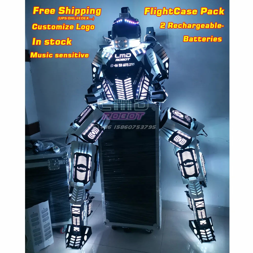 

Free Shipping LMD Mega Plastic Stilts Walker Traje de Robot Led Costume with Battery Music Sensor
