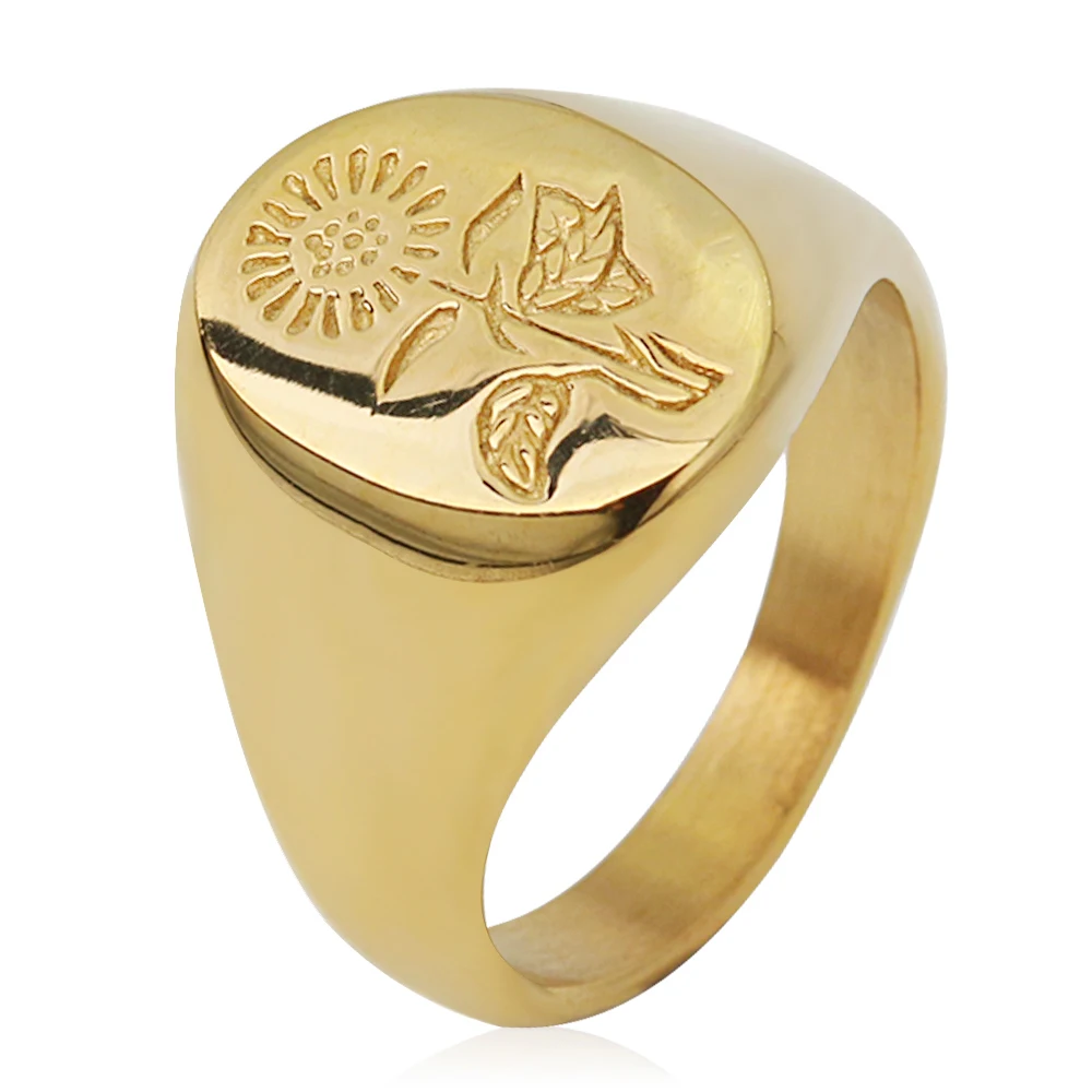 

New Arrival Non Tarnish Jewelry Personalized Custom Sunflower Signet Ring Minimalist Gold Plated Stainless Steel Engraved Ring