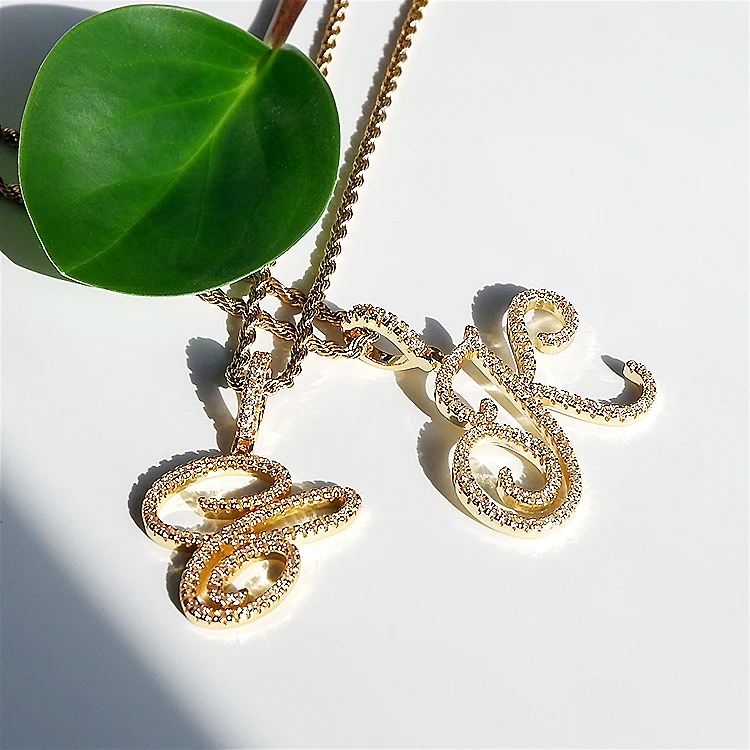 

gold plated brass cz initial 26 cursive alphabet letter necklace for women, Picture