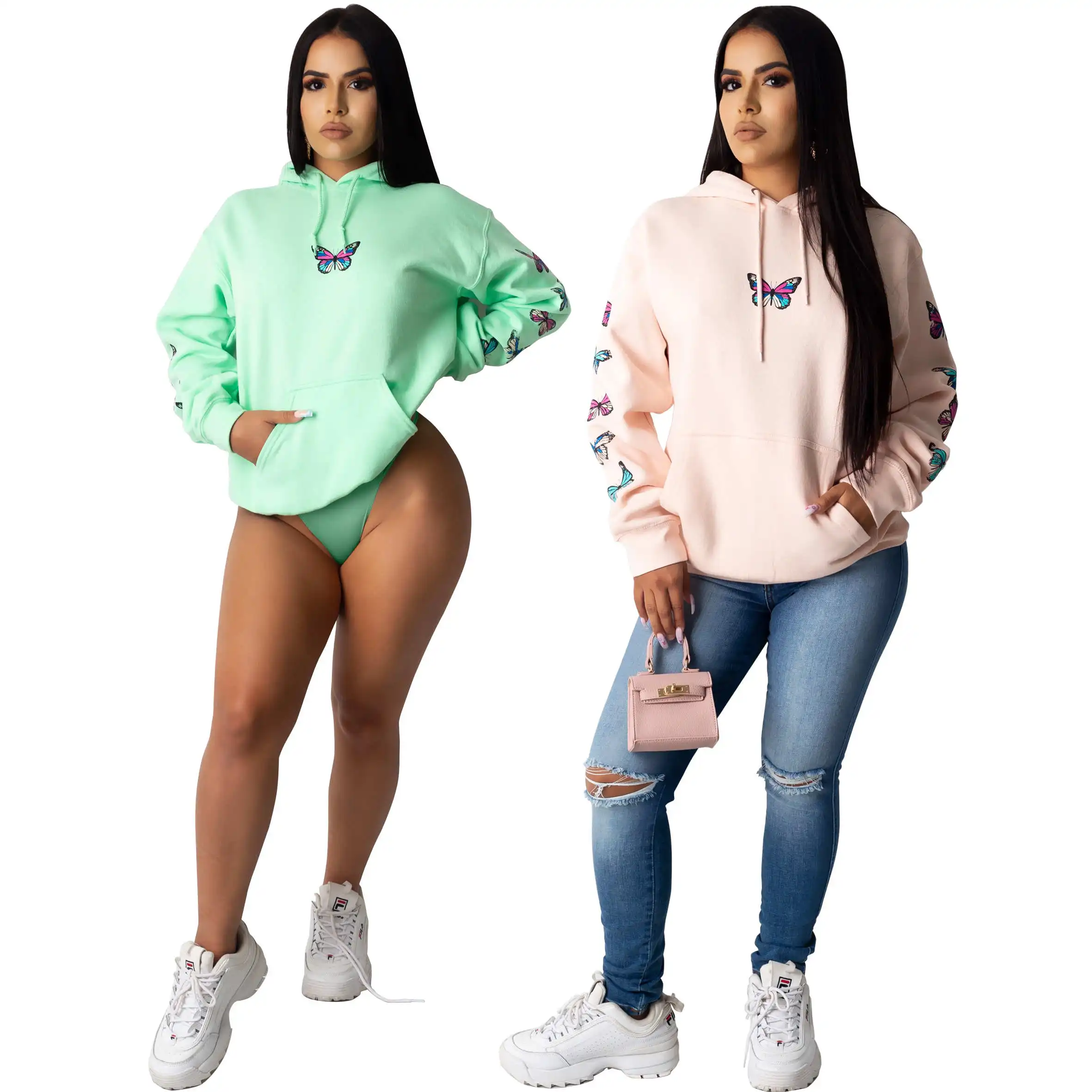 

Explosive wholesale spot sports pure color butterfly print women's sweater