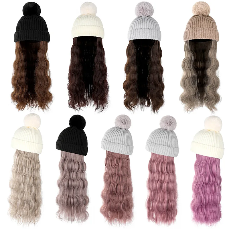 

winter wig hat with Hair Synthetic Wig Attached Long Wavy HairAutumn and winter pop for Women Daily Party Use